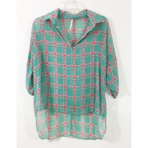 Poema Sheer Plaid High Low Hem Collar V-neck Top
